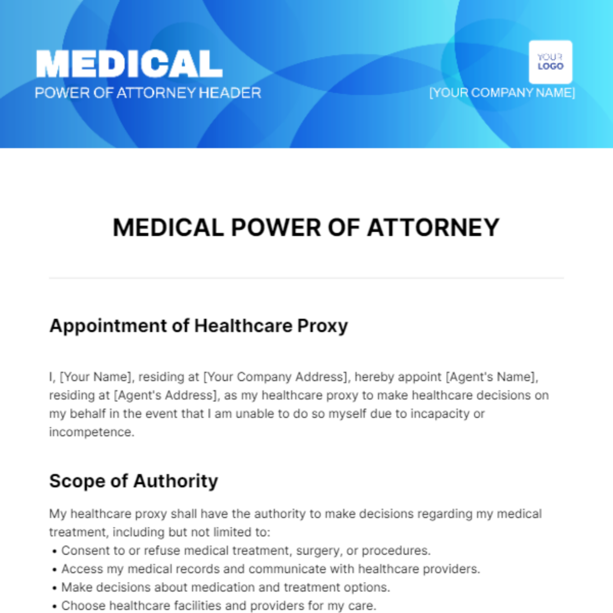 medical power of attorney template free