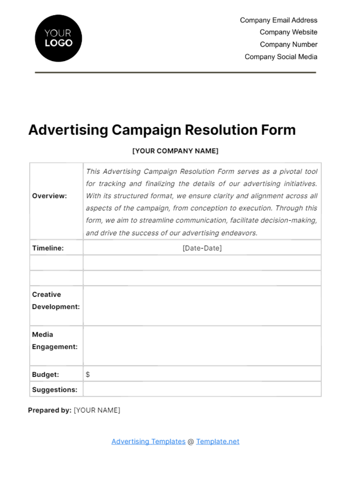 Advertising Campaign Resolution Form Template