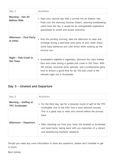 Free Scottsdale Bachelor Party Itinerary Template to Edit Online