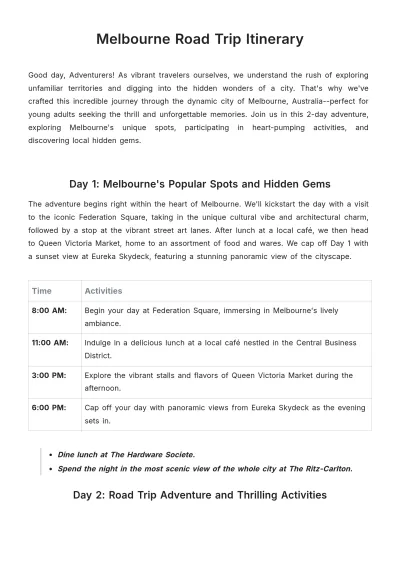 Free Melbourne Road Trip Itinerary Template to Edit Online