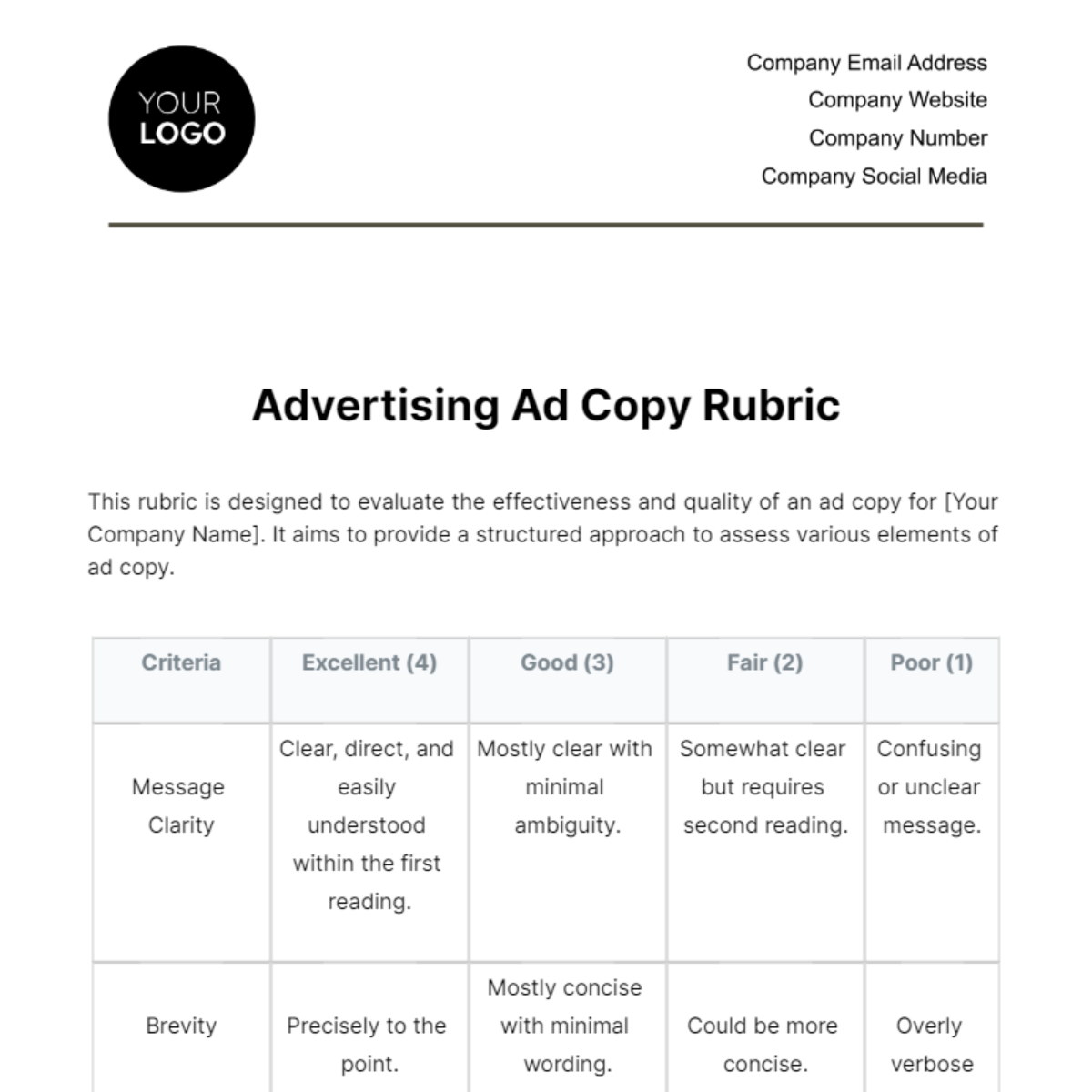 Advertising Ad Copy Rubric Template