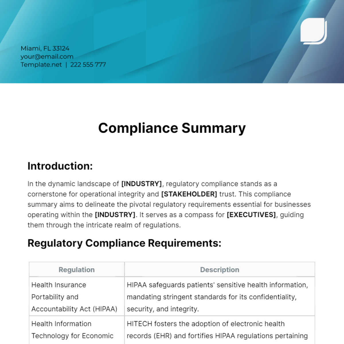 Compliance Summary Template