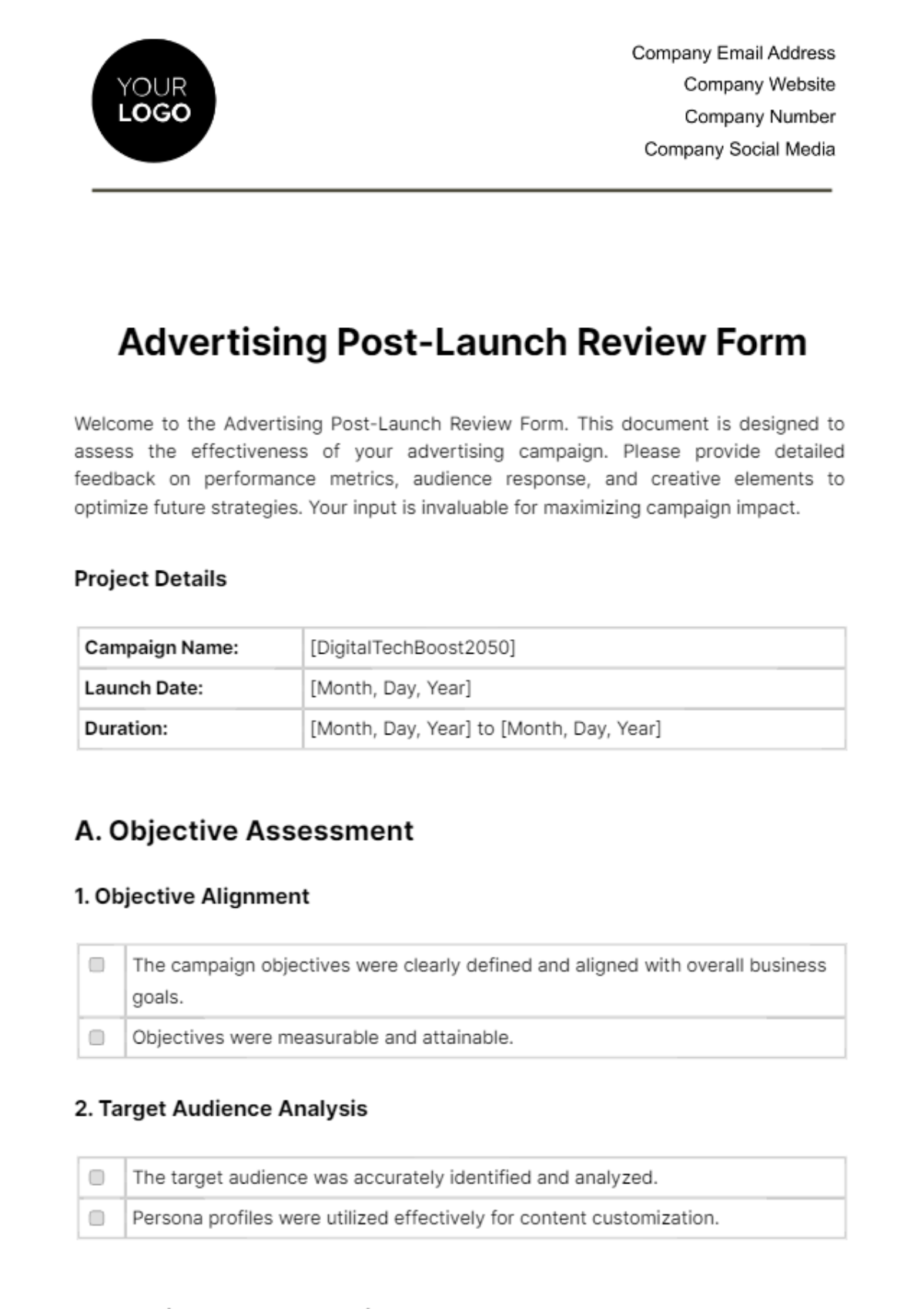Advertising Post-Launch Review Form Template