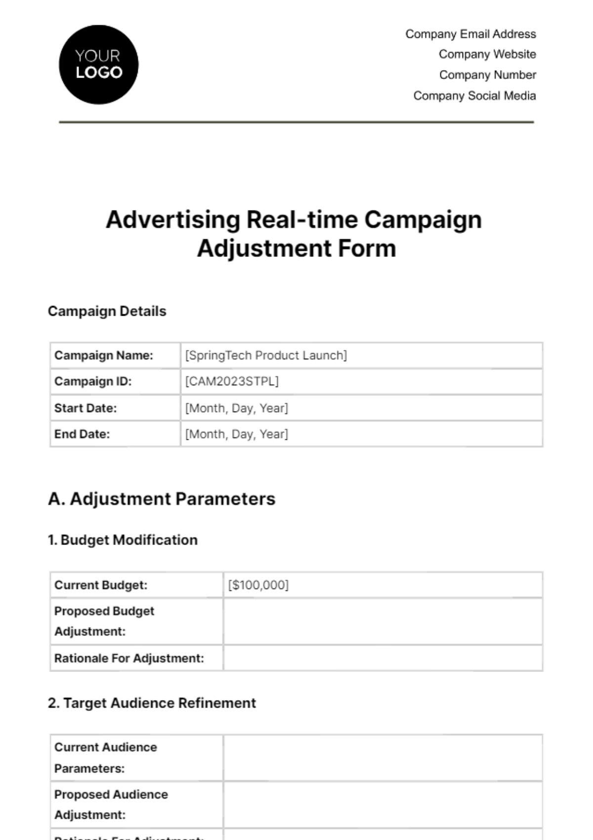 Advertising Real-time Campaign Adjustment Form Template