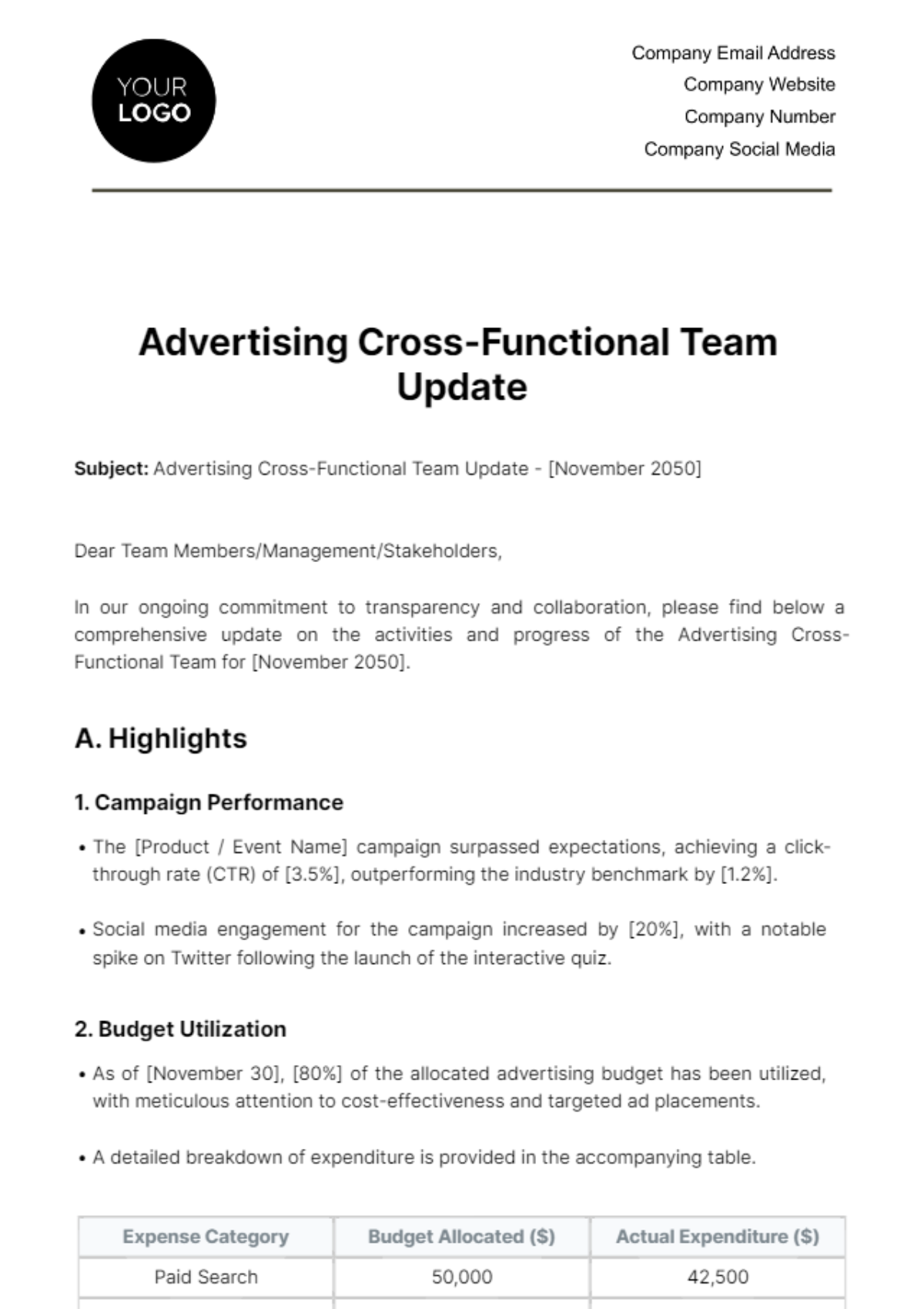 Advertising Cross-Functional Team Update Template