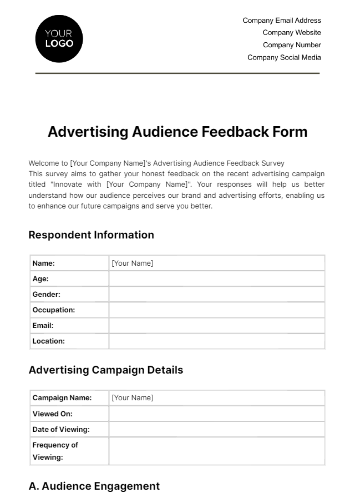 Advertising Audience Feedback Form Template