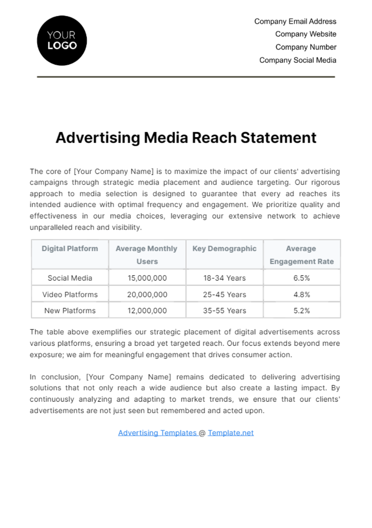 Free Advertising Media Reach Statement Template
