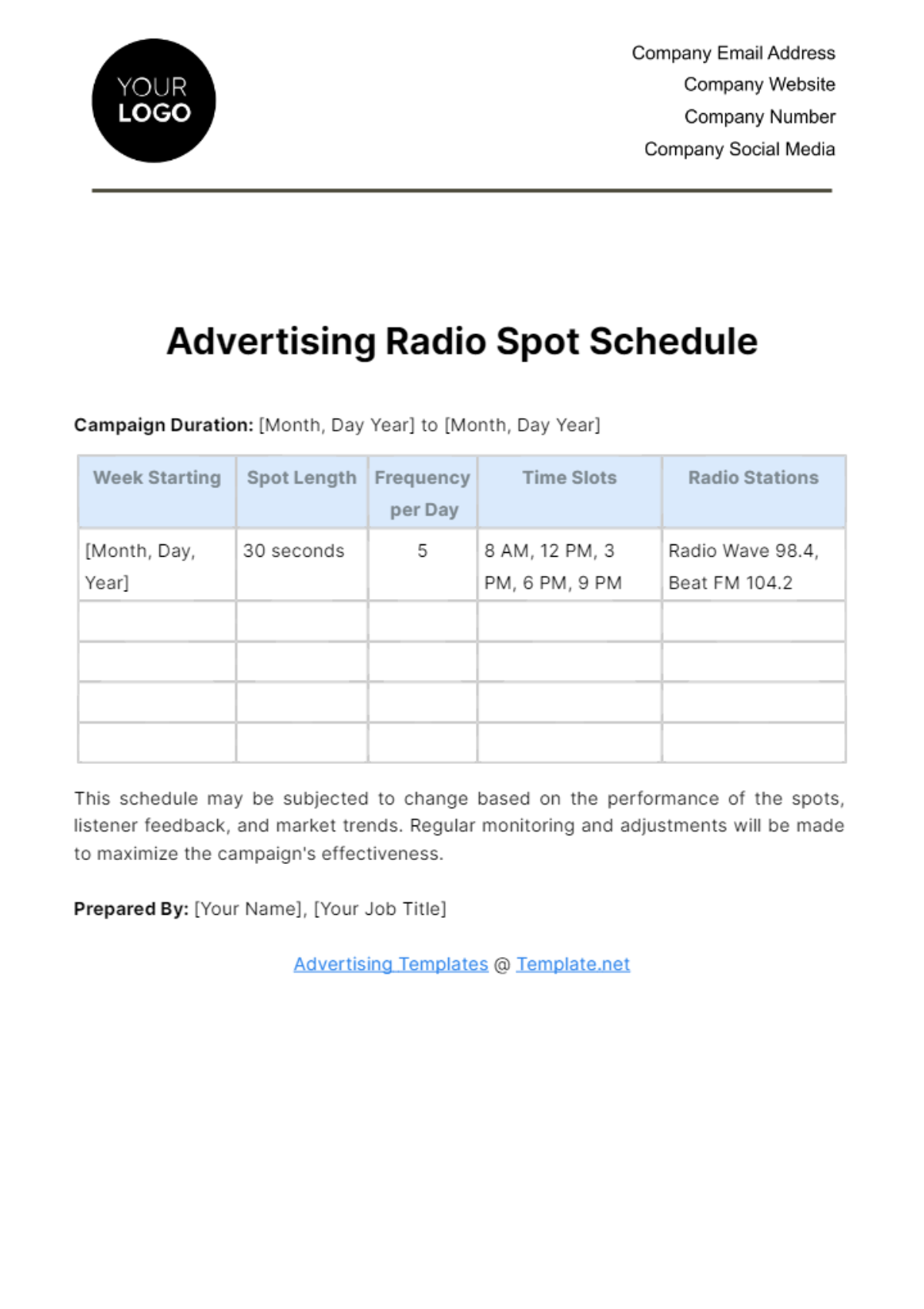 Free Advertising Radio Spot Schedule Template