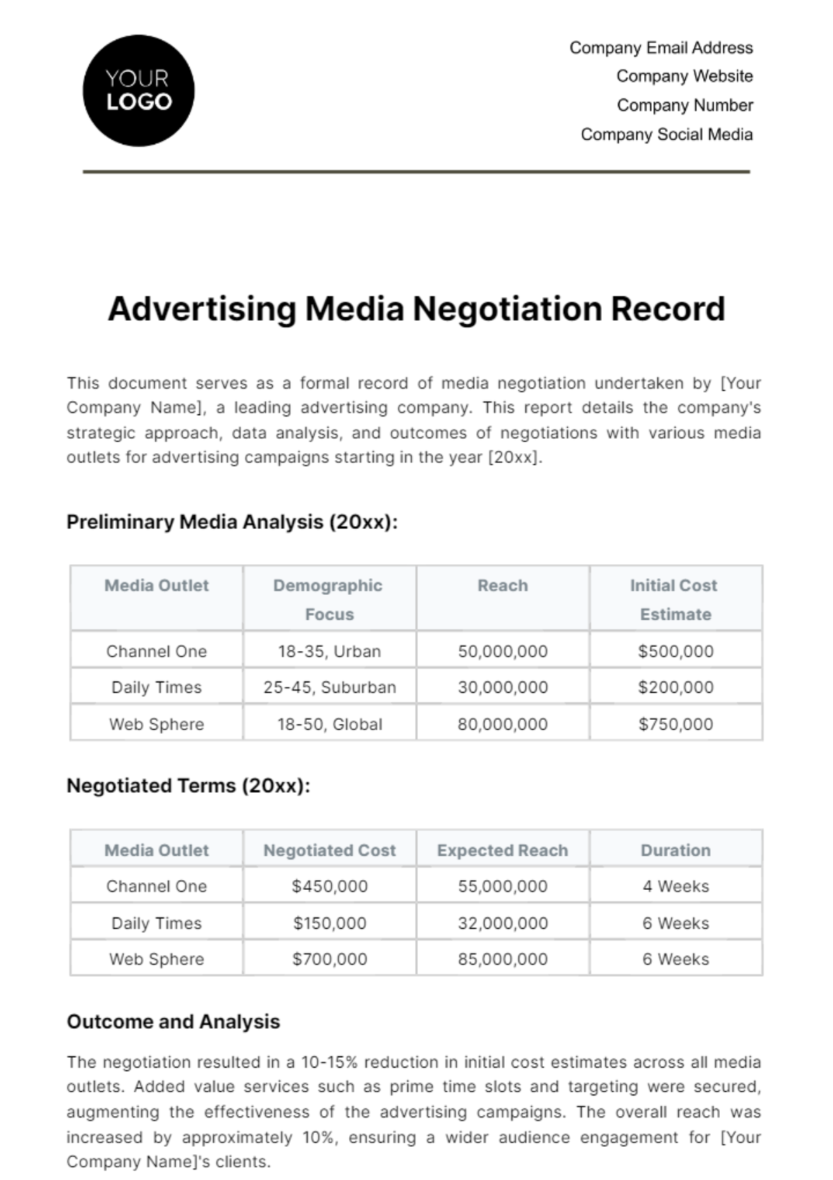 Free Advertising Media Negotiation Record Template
