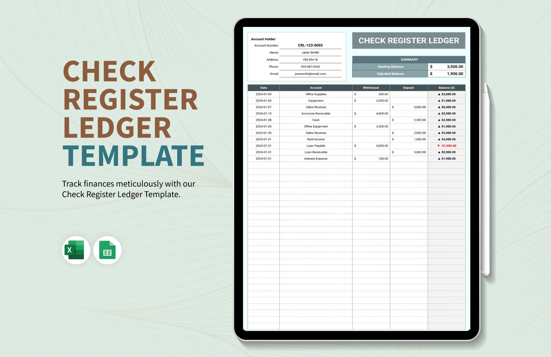 Check Register Ledger Template in Excel, Google Sheets