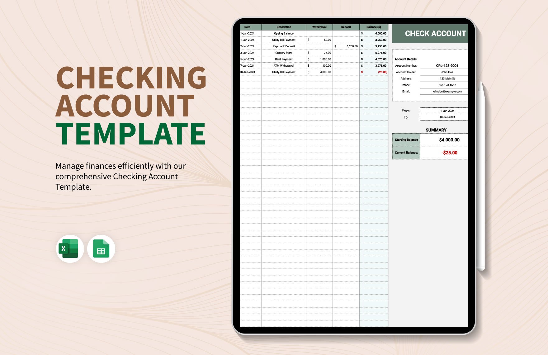 Checking Account Template in Excel, Google Sheets