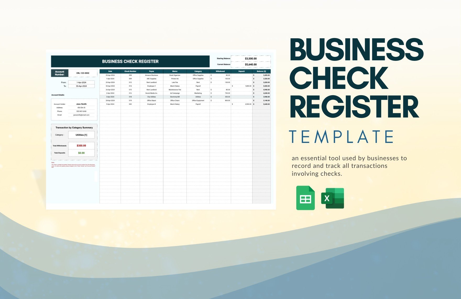 Business Check Register Template in Excel, Google Sheets