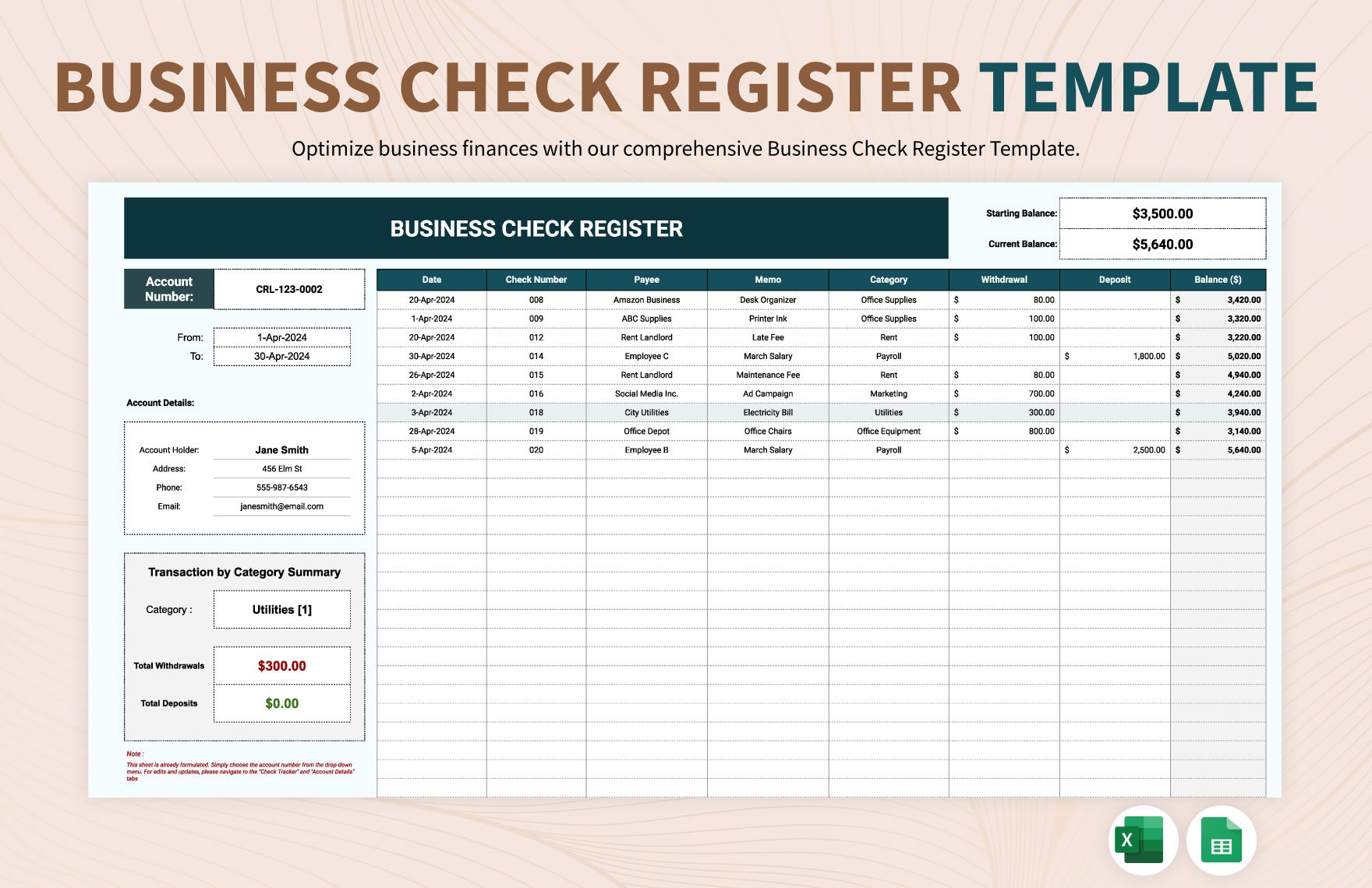 Business Check Register Template in Excel, Google Sheets