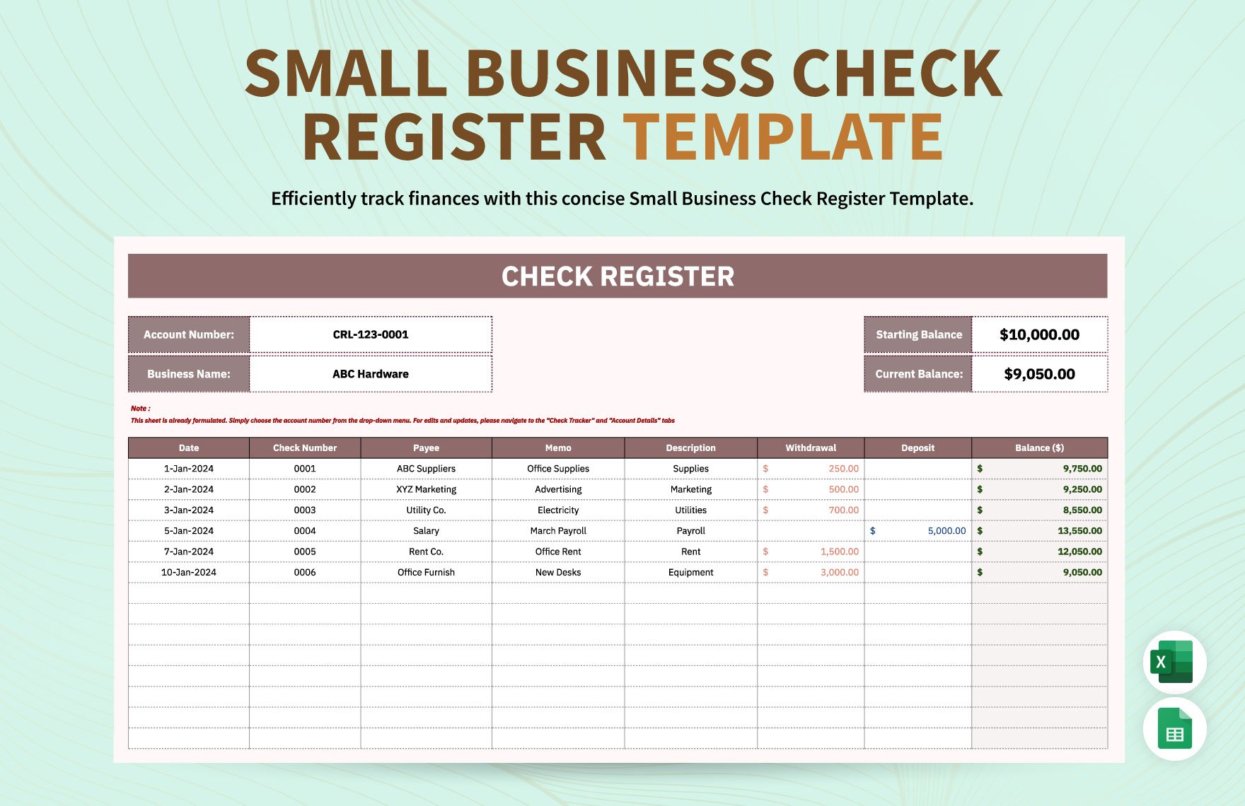Small Business Check Register Template in Excel, Google Sheets