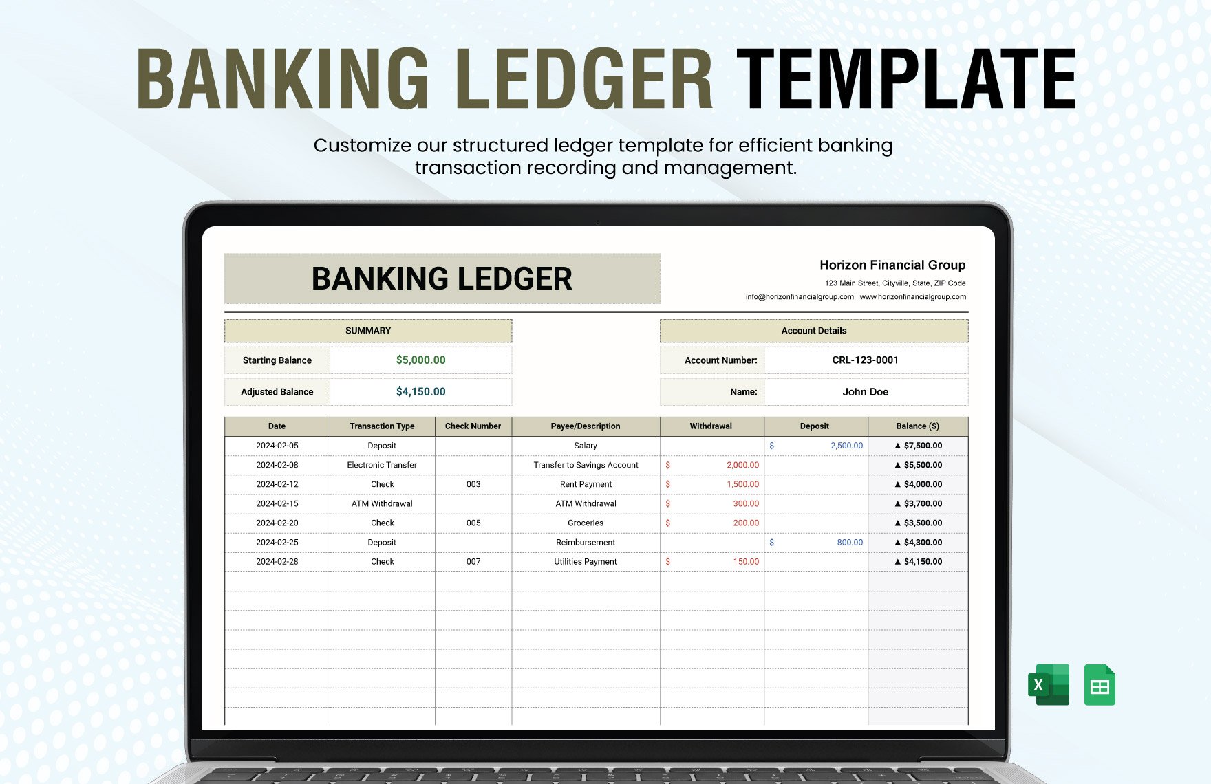 Banking Ledger Template in Excel, Google Sheets