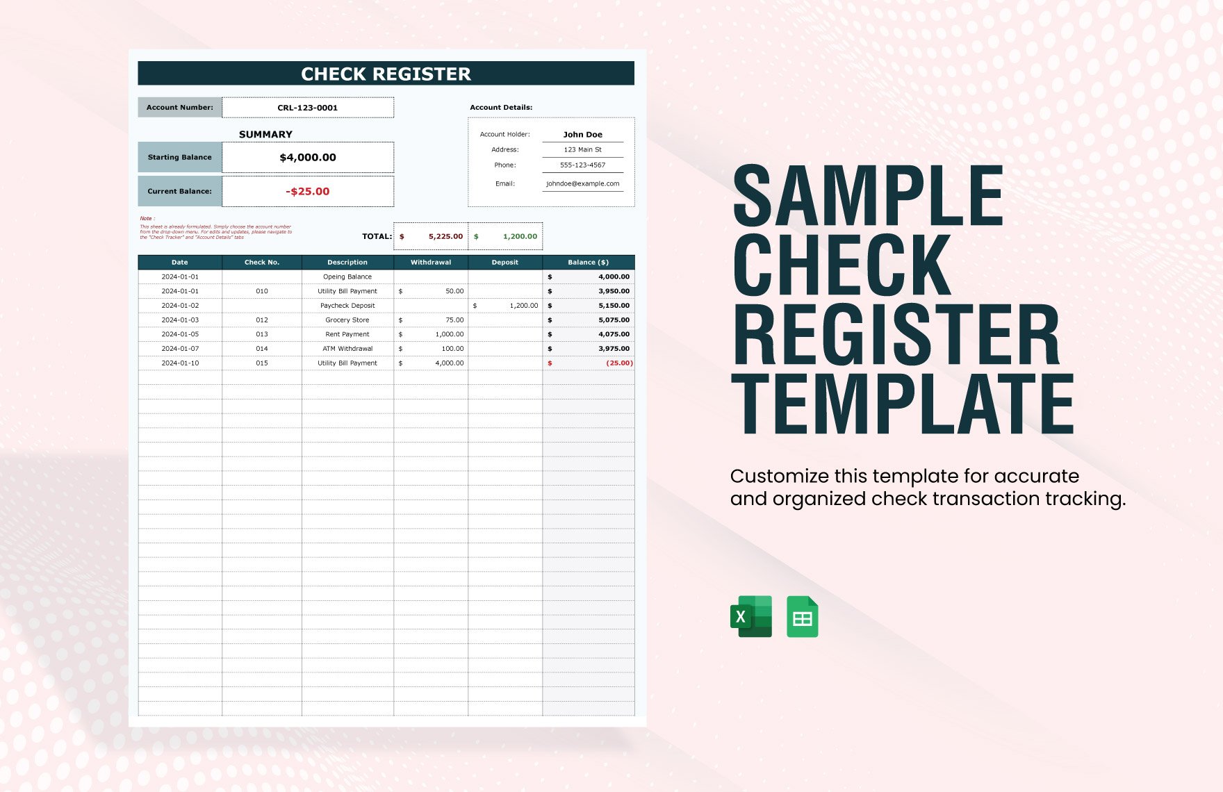 Sample Check Register Template in Excel, Google Sheets