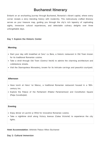 Free Bucharest Itinerary Template to Edit Online