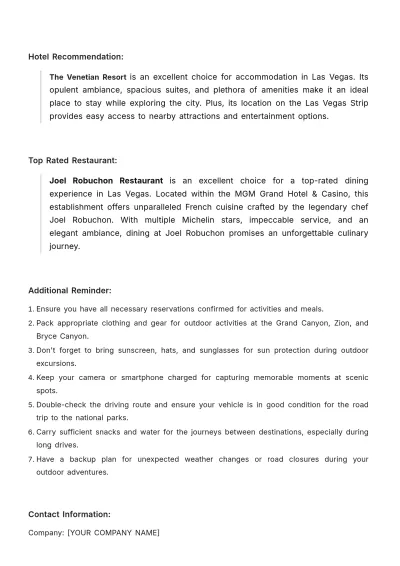 Free Las Vegas Road Trip Itinerary Template to Edit Online