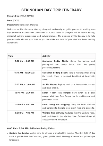 Free Sekinchan Day Trip Itinerary Template to Edit Online