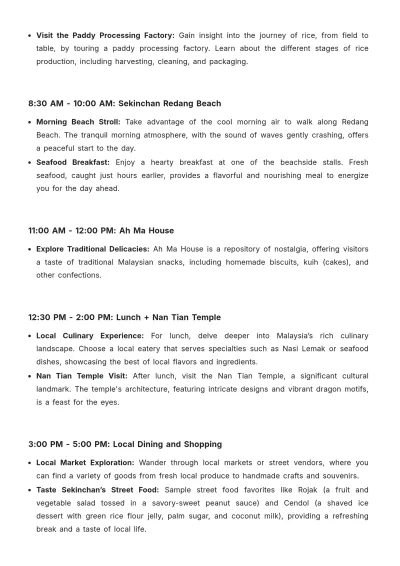 Free Sekinchan Day Trip Itinerary Template to Edit Online