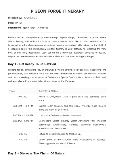 Free Pigeon Forge Itinerary Template to Edit Online
