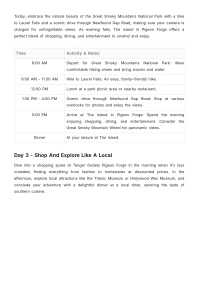 Free Pigeon Forge Itinerary Template to Edit Online