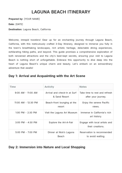 Free Laguna Beach Itinerary Template to Edit Online