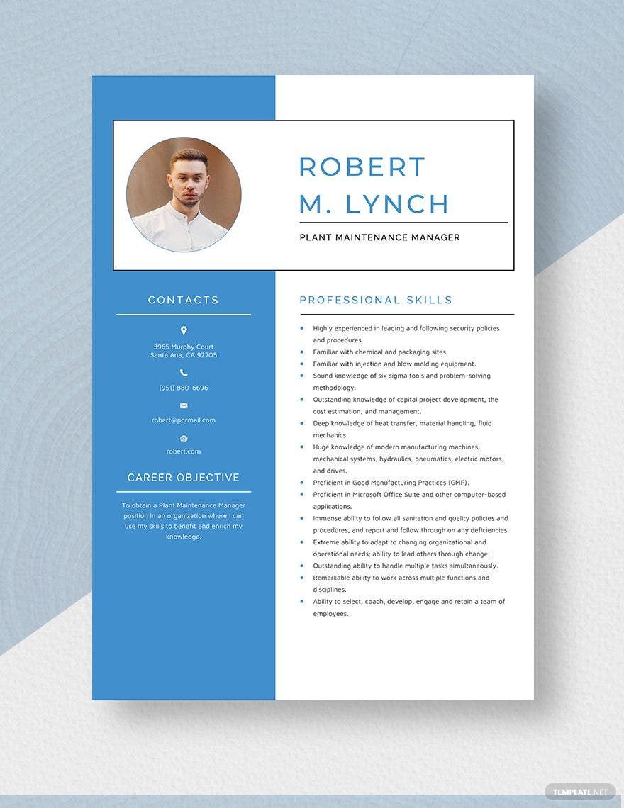 Plant Maintenance Manager Resume Template