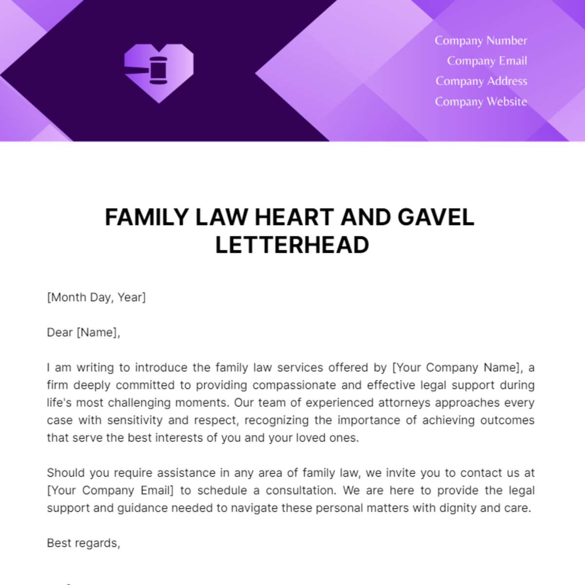 Family Law Heart and Gavel Letterhead Template