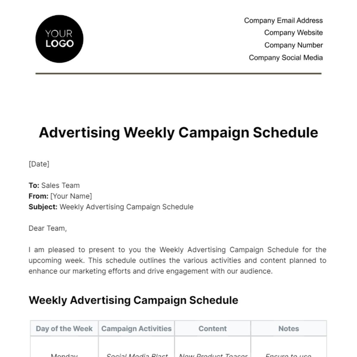 Free Advertising Weekly Campaign Schedule Template