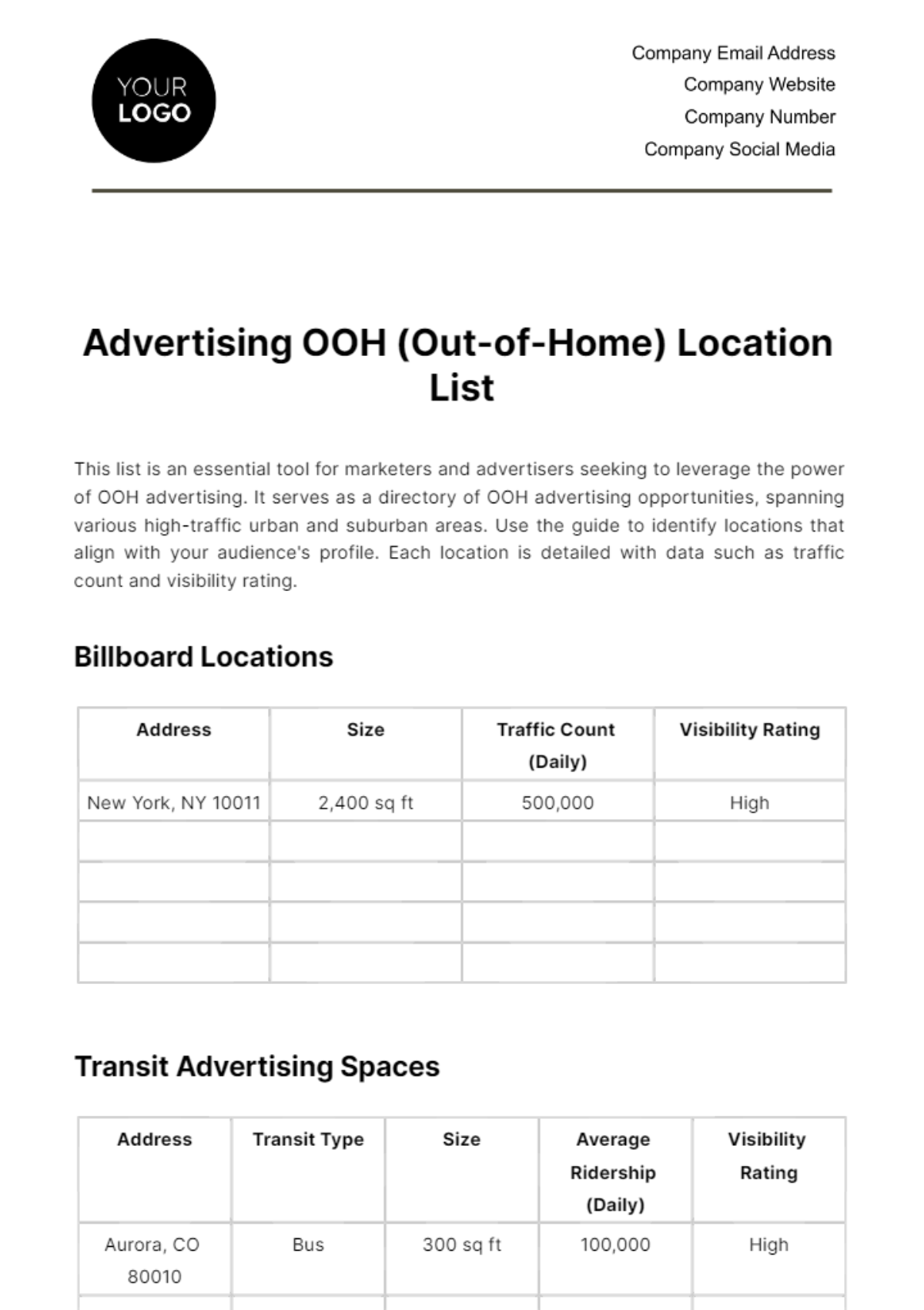 Free Advertising OOH (Out-of-Home) Location List Template