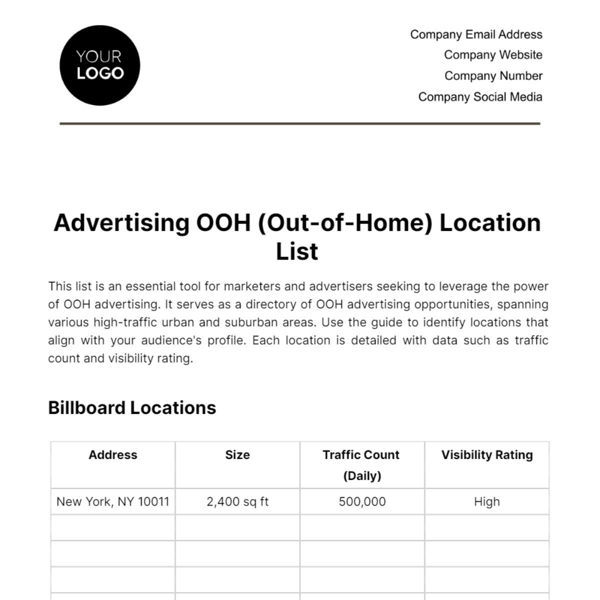 Advertising OOH (Out-of-Home) Location List Template - Edit Online ...