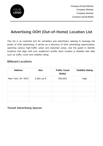 Free Advertising OOH (Out-of-Home) Location List Template to Edit Online