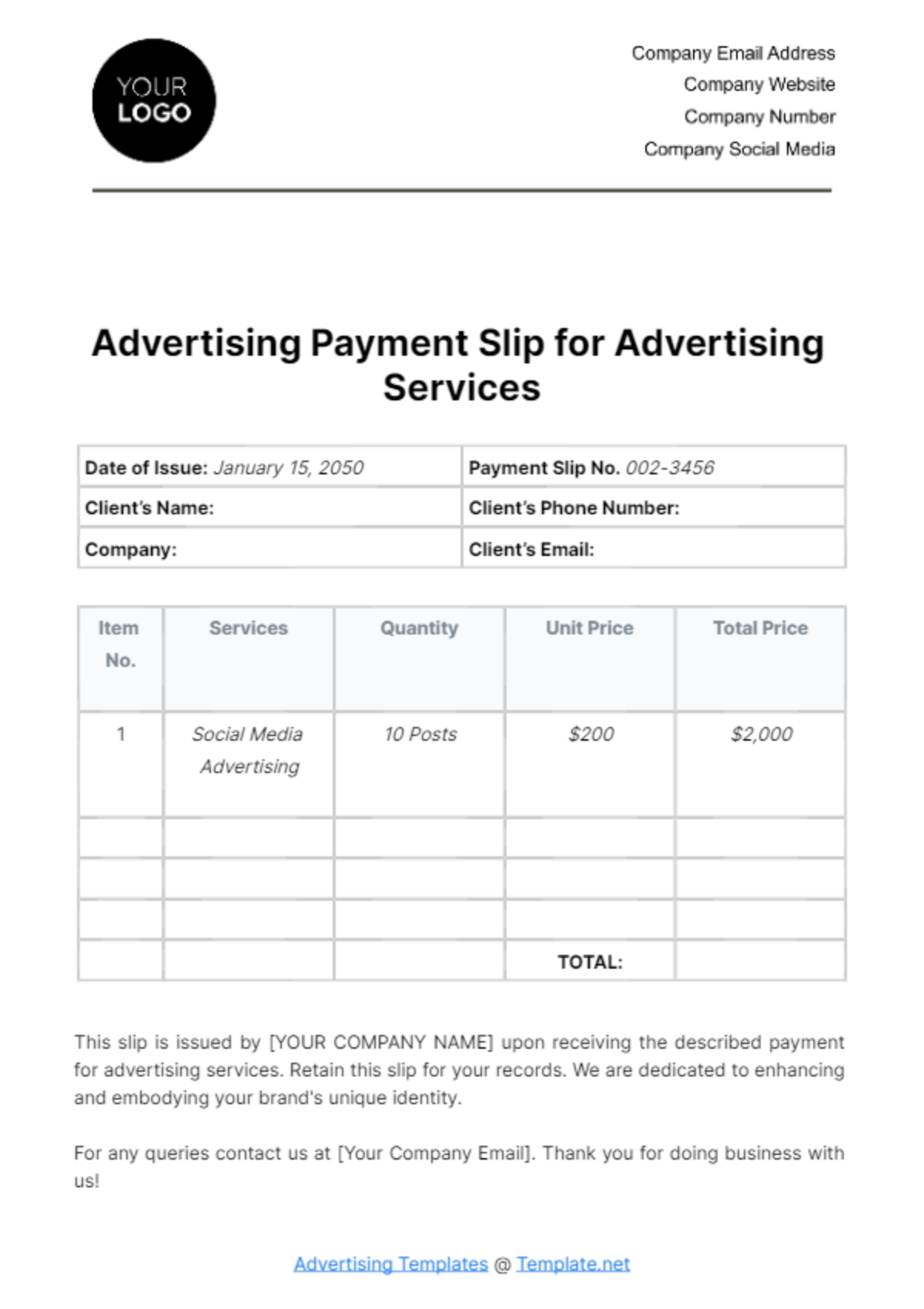 Free Advertising Payment Slip for Advertising Services Template