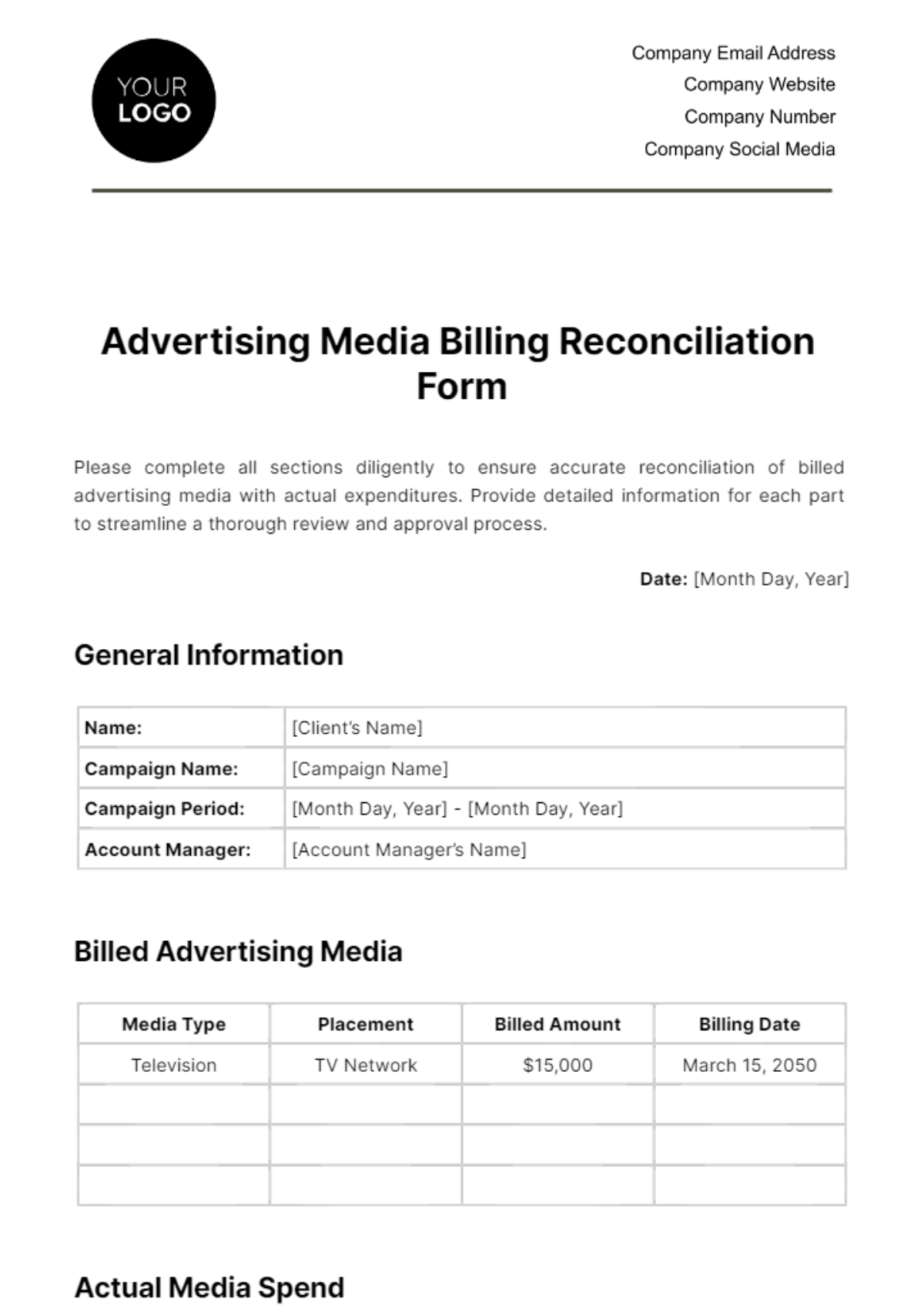 Advertising Media Billing Reconciliation Form Template