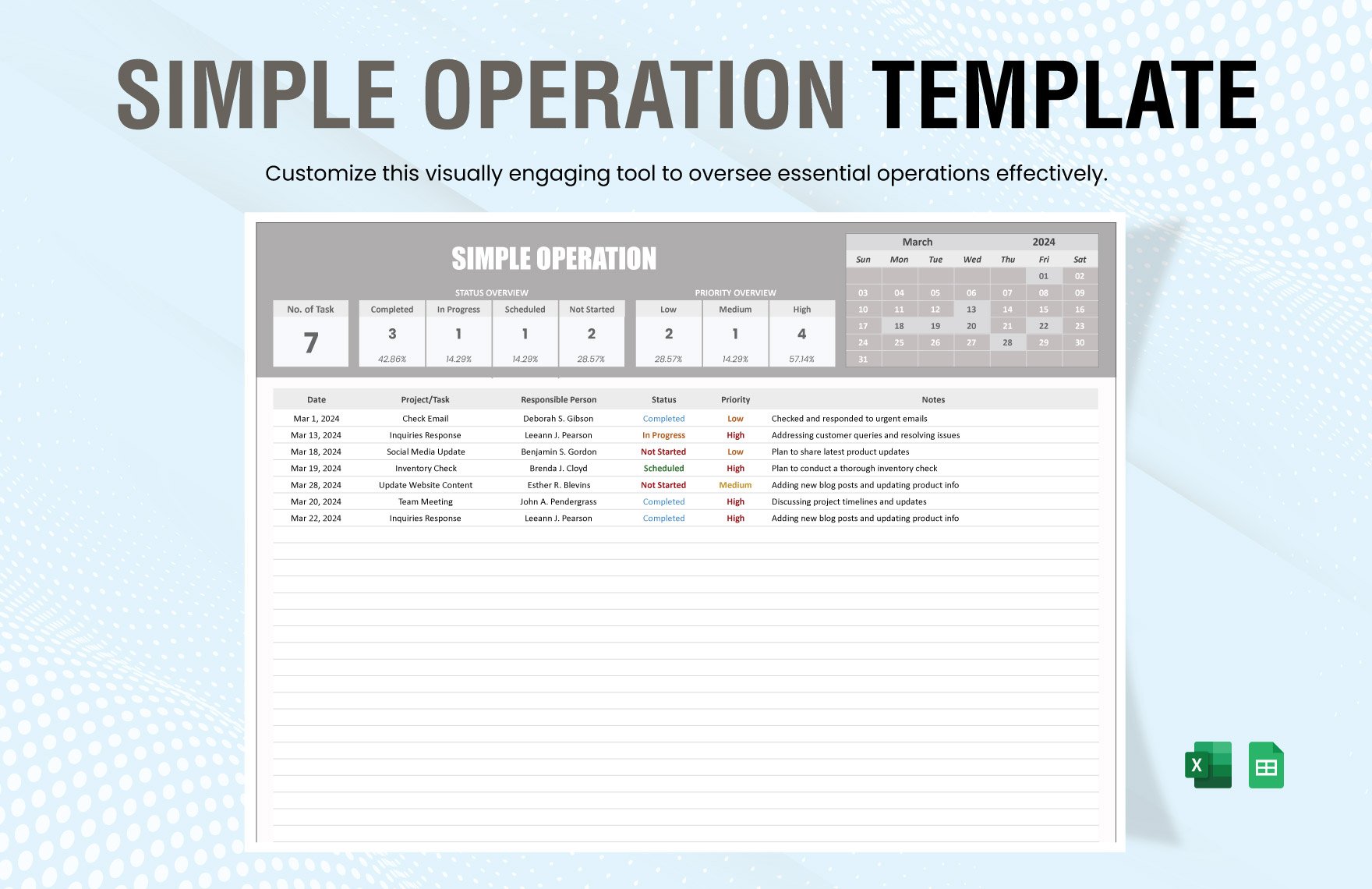Simple Operation Template in Excel, Google Sheets