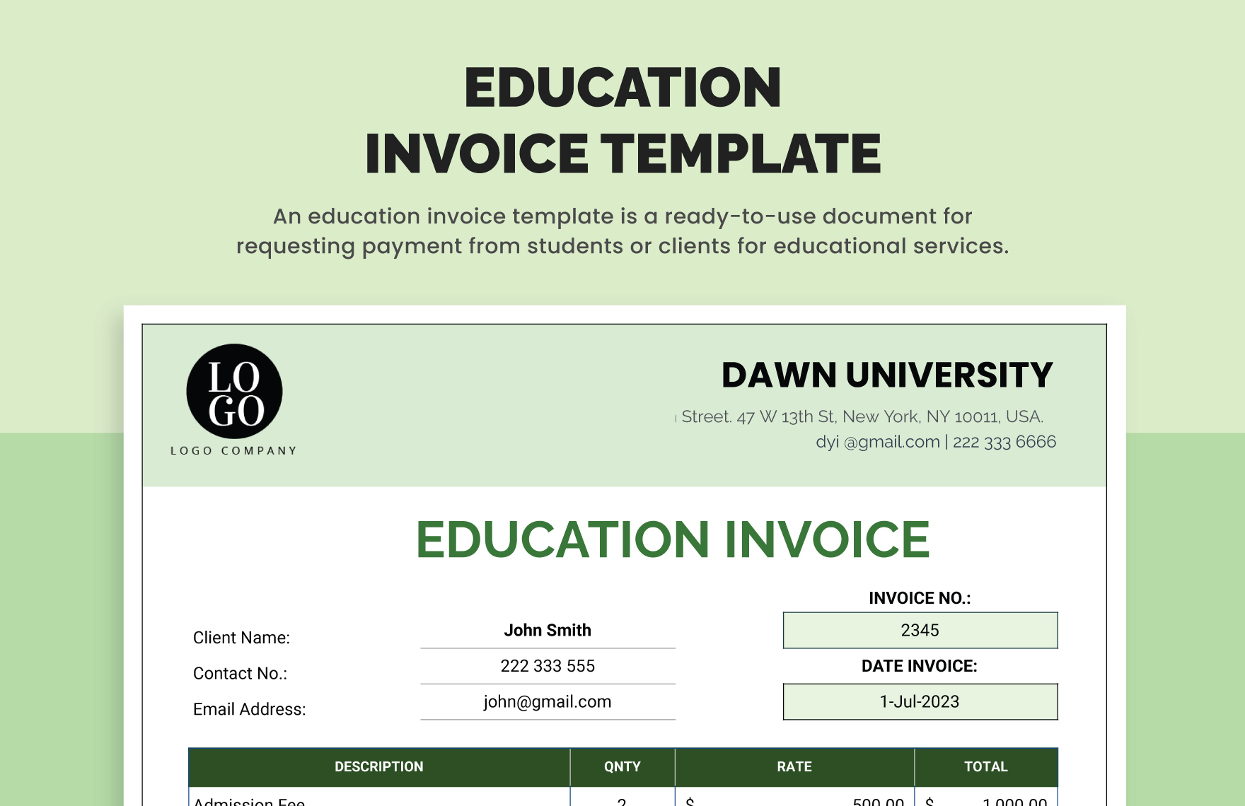 Education Invoice Template in Word, Google Docs, Excel, PDF, Google Sheets, Apple Pages, Apple Numbers