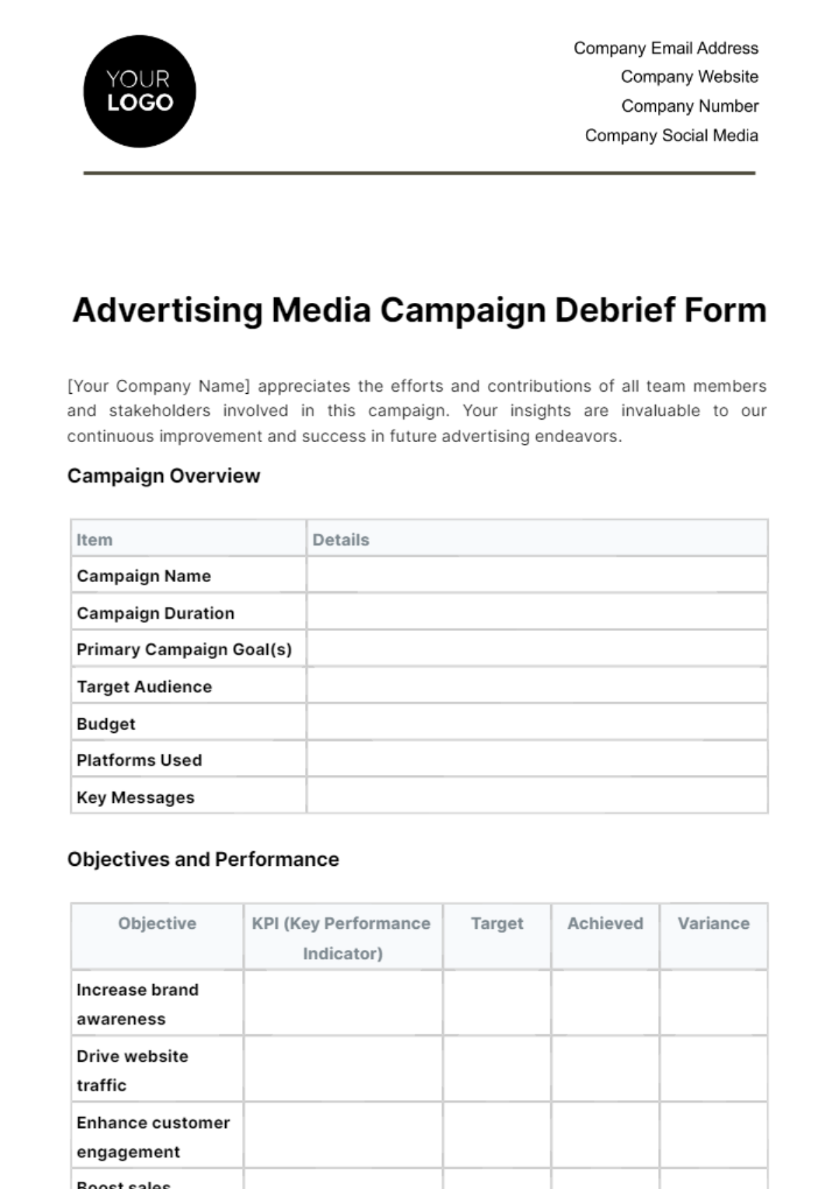 Advertising Media Campaign Debrief Form Template
