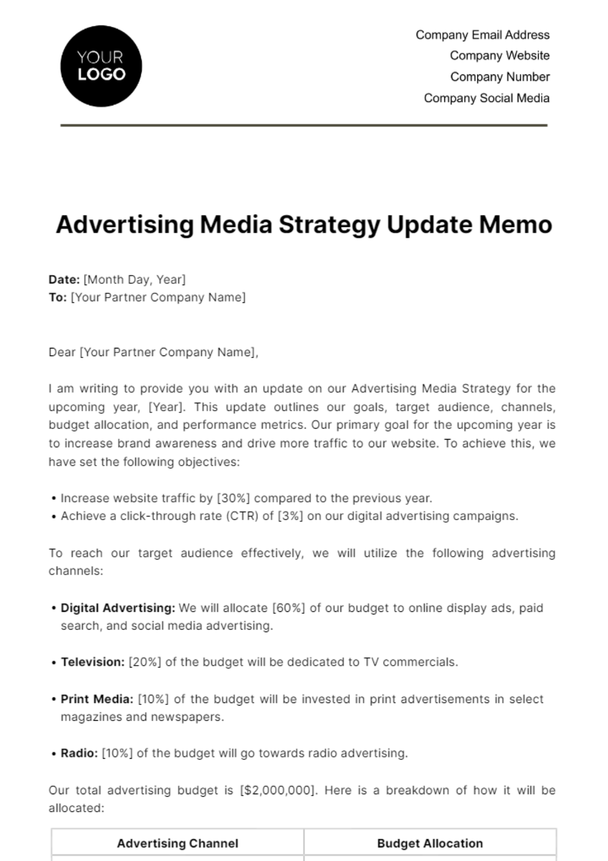 Free Advertising Media Strategy Update Memo Template