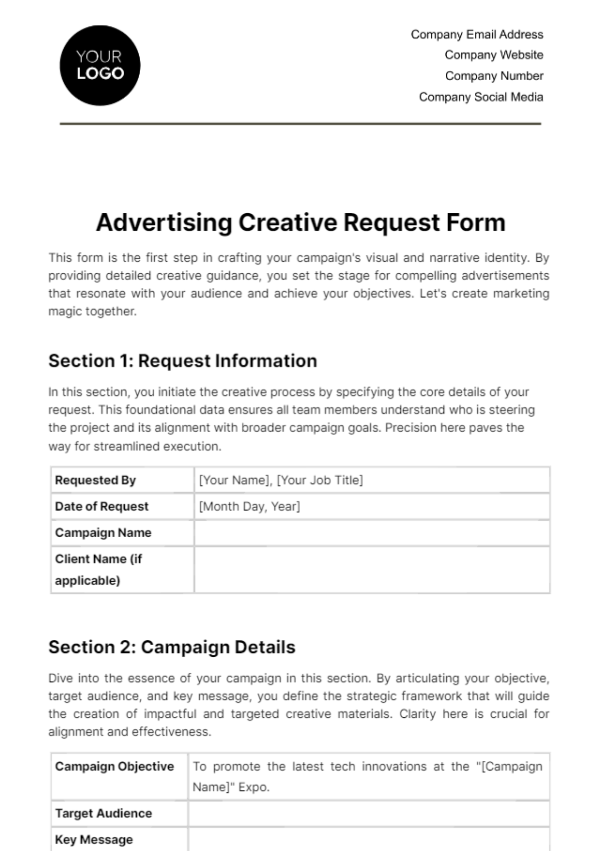 Advertising Creative Request Form Template
