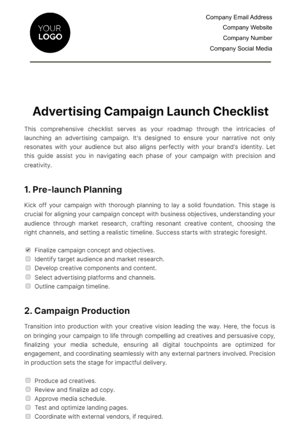 Advertising Campaign Launch Checklist Template