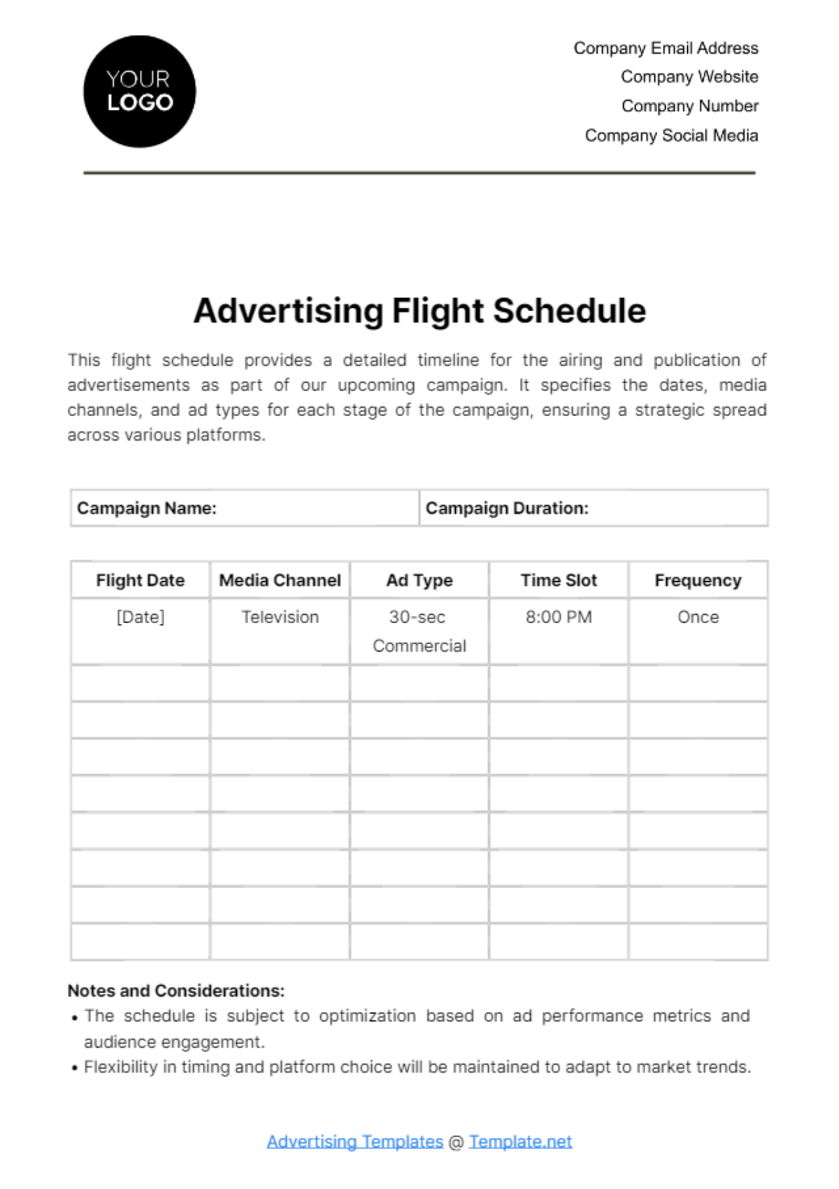 Advertising Flight Schedule Template