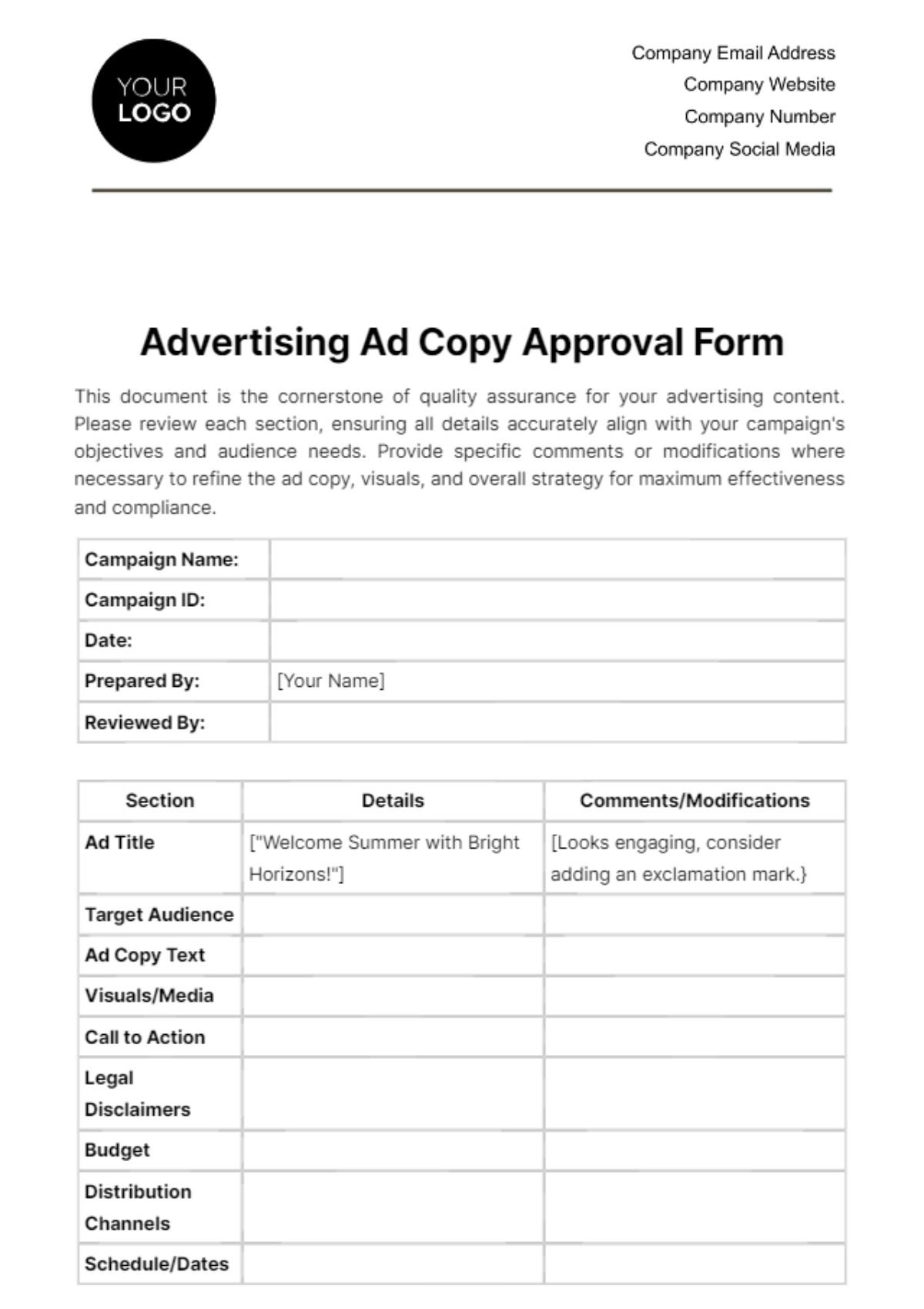 Advertising Ad Copy Approval Form Template