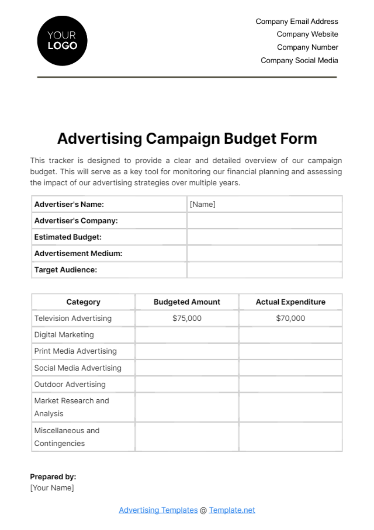 Advertising Campaign Budget Form Template