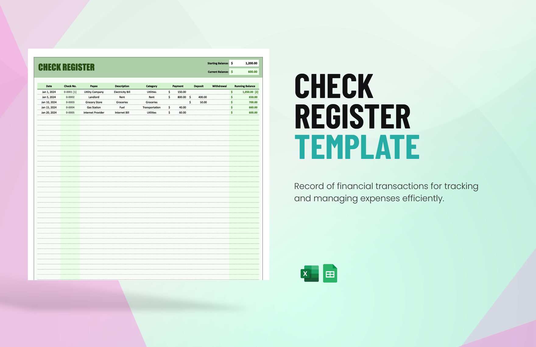 Free Check Register Template in Excel, Google Sheets