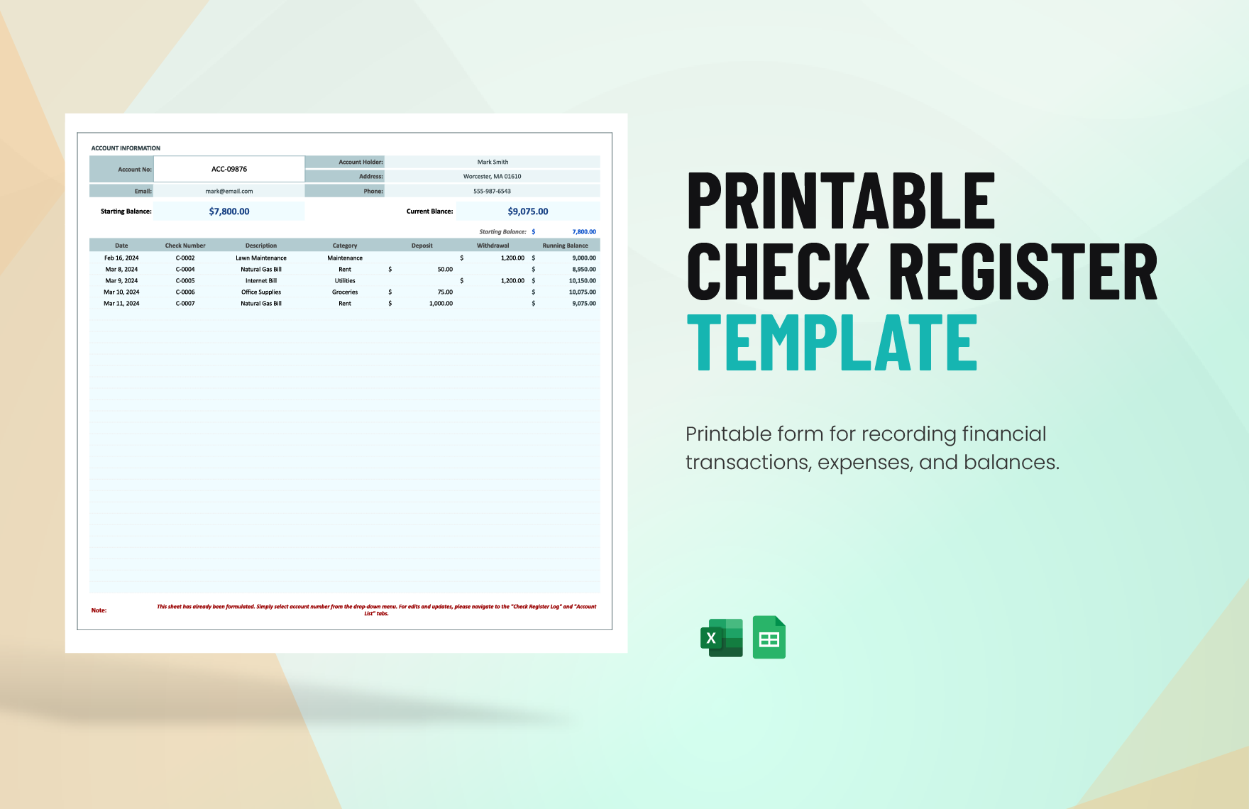 Printable Check Register Template in Excel, Google Sheets
