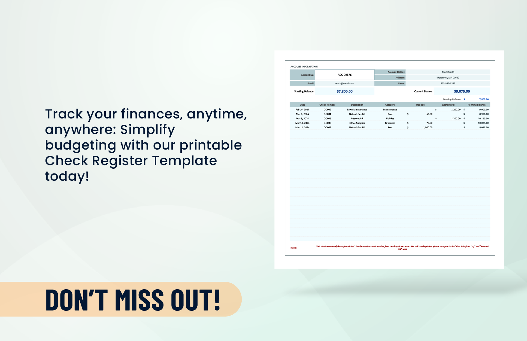 Printable Check Register Template