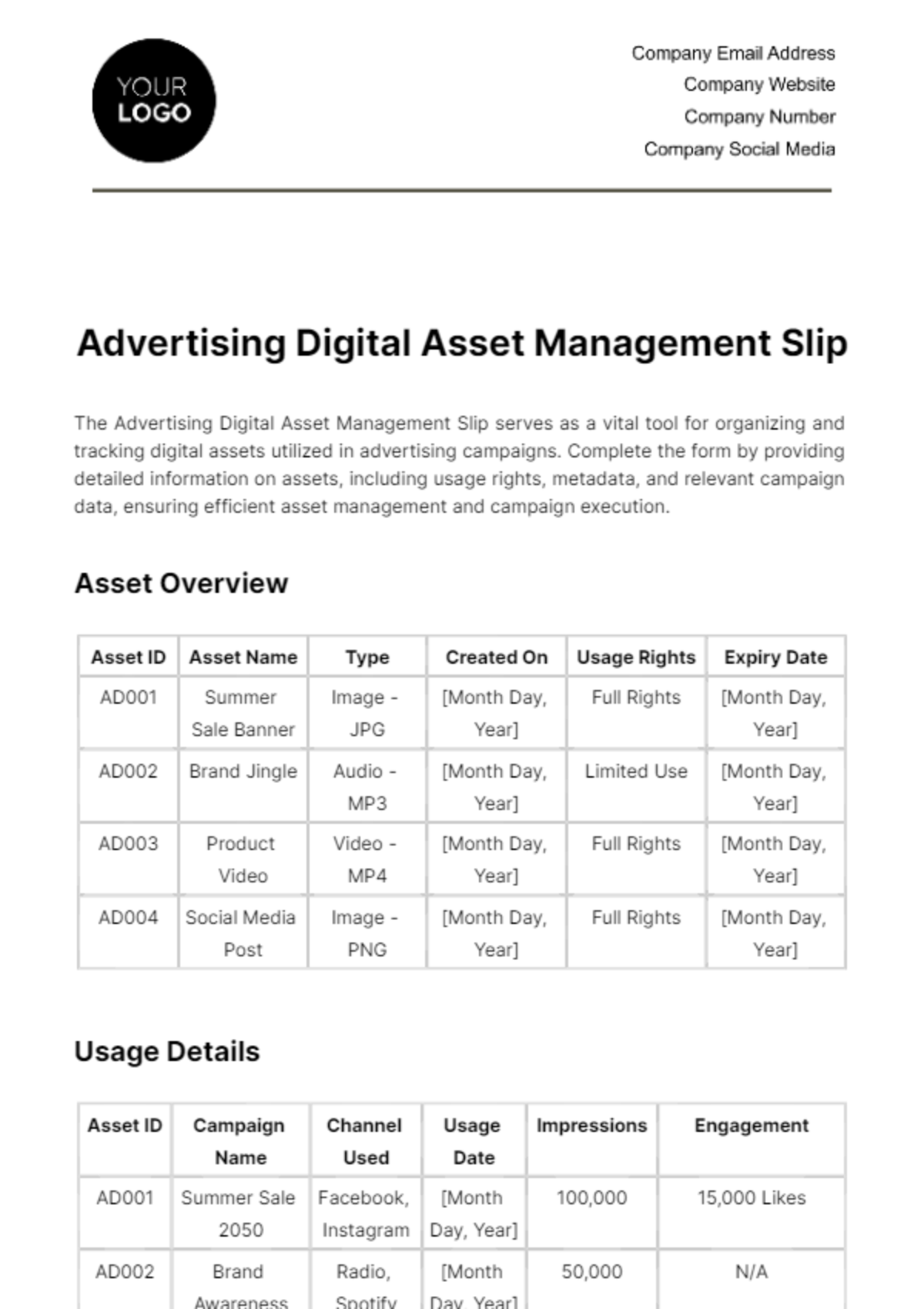 Advertising Digital Asset Management Slip Template