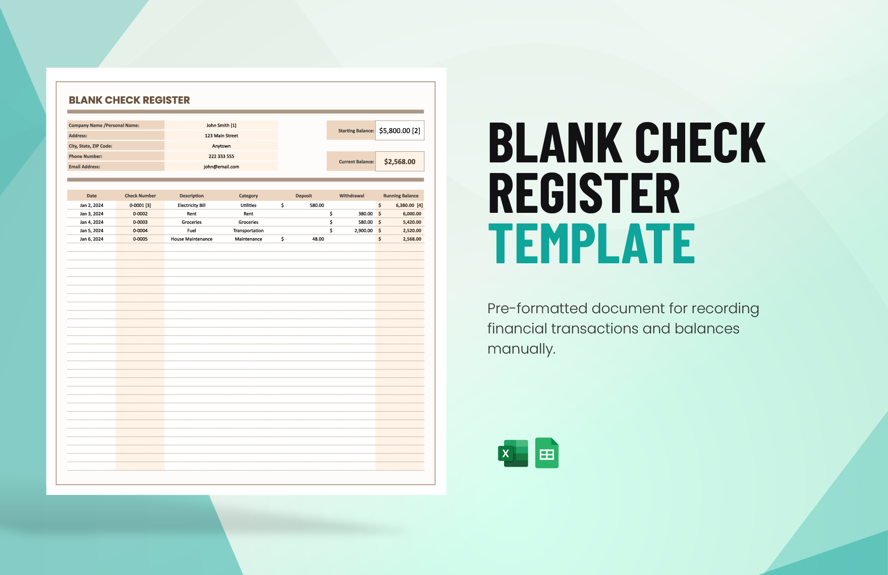 Blank Check Register Template in Excel, Google Sheets