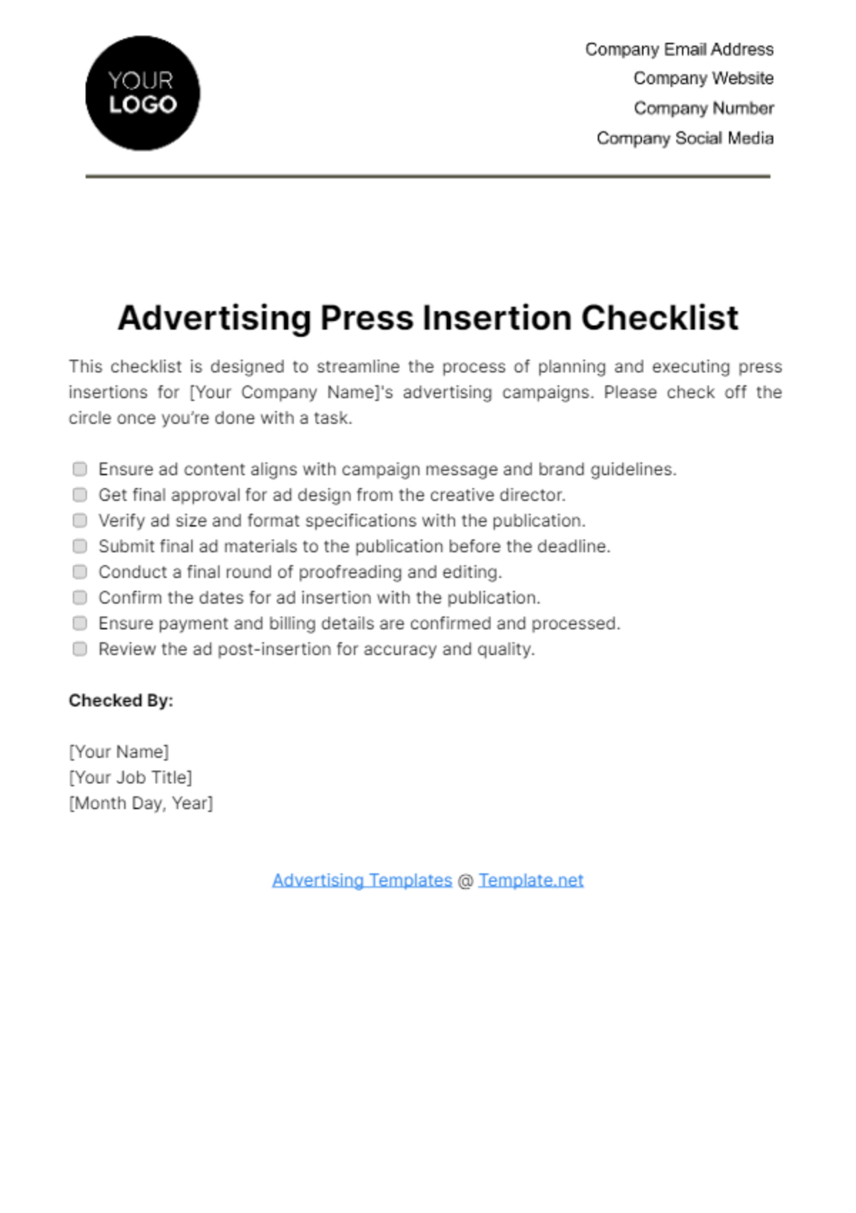 Advertising Press Insertion Checklist Template